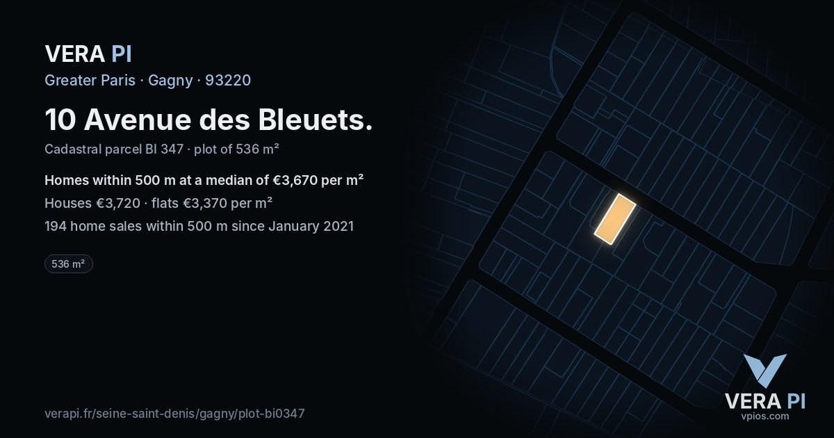 10 Avenue des Bleuets, Gagny at night – the plot lit, the parcels around coloured by the prices near them