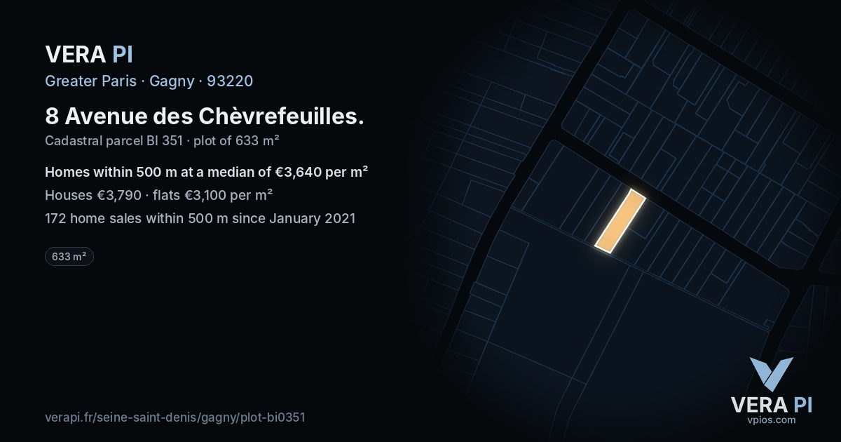 8 Avenue des Chèvrefeuilles, Gagny at night – the plot lit, the parcels around coloured by the prices near them