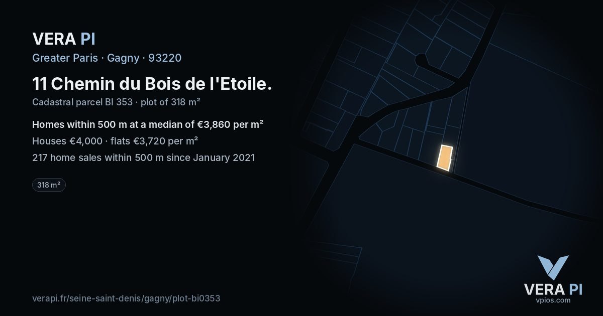 11 Chemin du Bois de l'Etoile, Gagny at night – the plot lit, the parcels around coloured by the prices near them