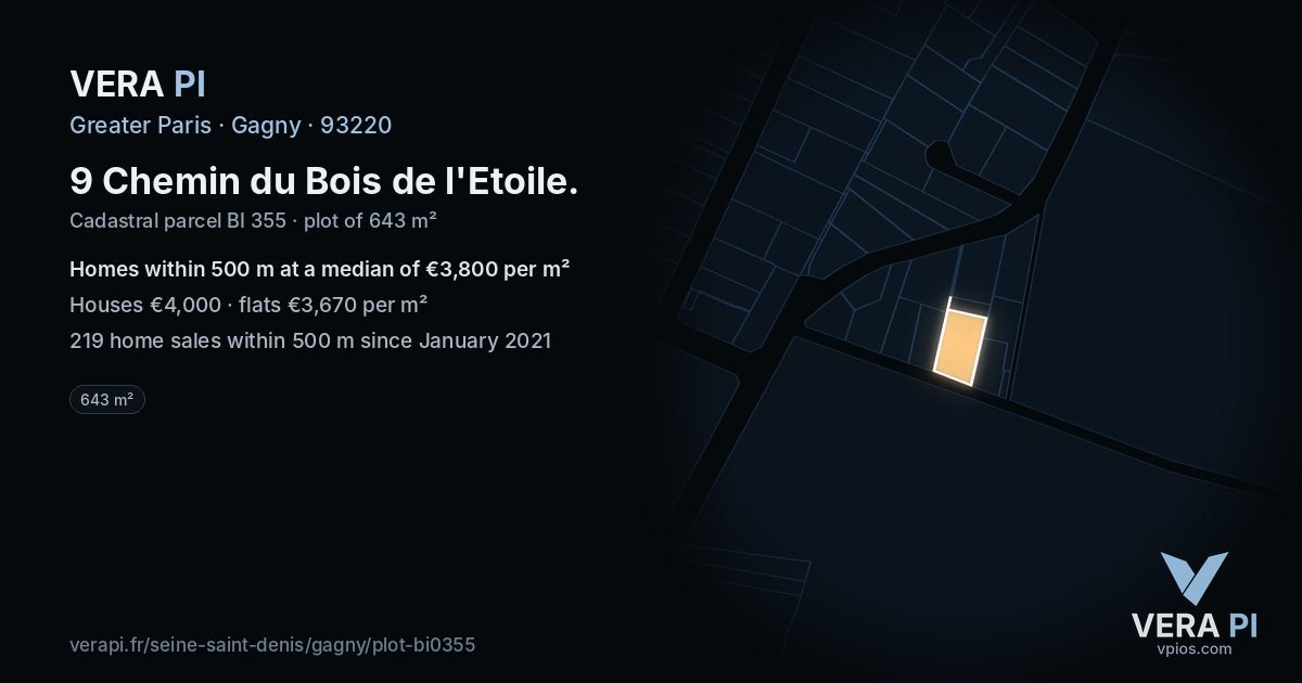 9 Chemin du Bois de l'Etoile, Gagny at night – the plot lit, the parcels around coloured by the prices near them