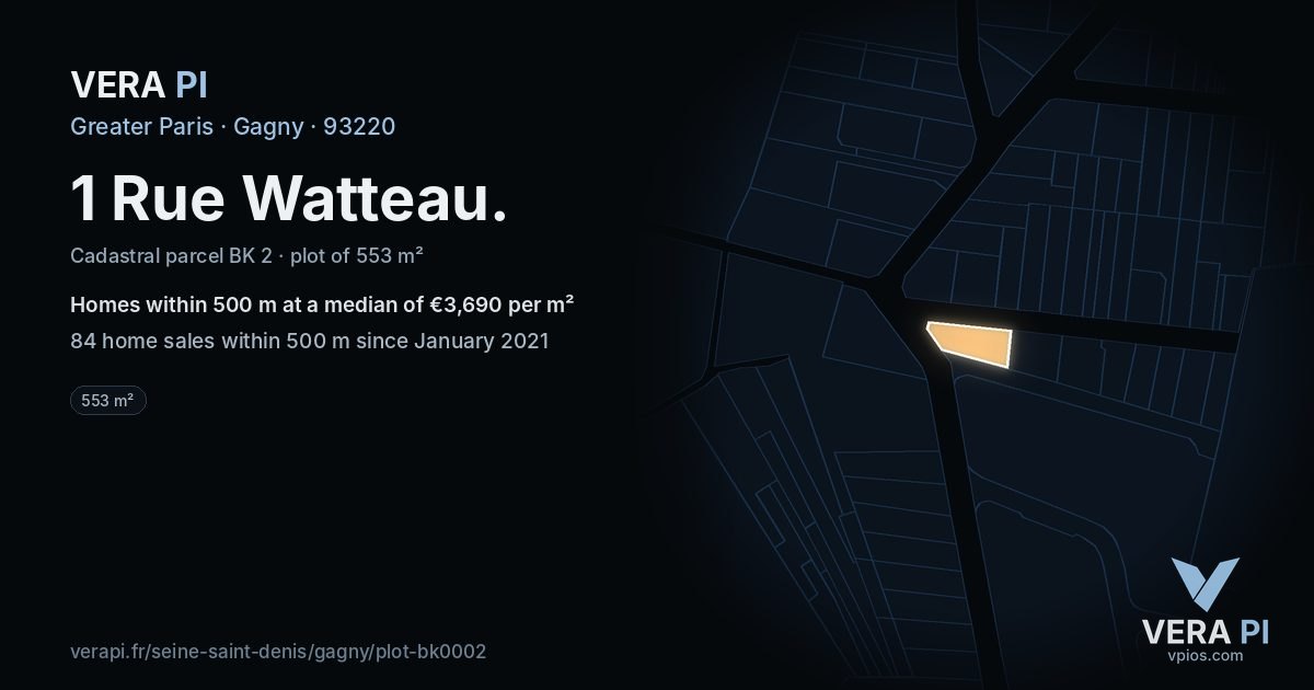 1 Rue Watteau, Gagny at night – the plot lit, the parcels around coloured by the prices near them