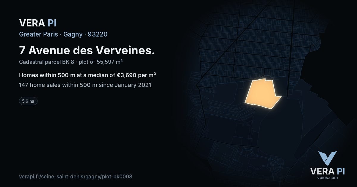 7 Avenue des Verveines, Gagny at night – the plot lit, the parcels around coloured by the prices near them