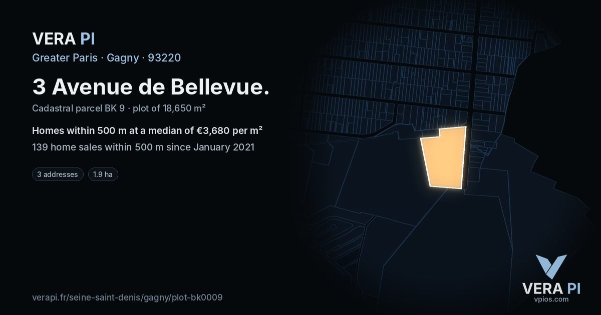3 Avenue de Bellevue, Gagny at night – the plot lit, the parcels around coloured by the prices near them