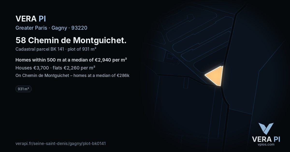 58 Chemin de Montguichet, Gagny at night – the plot lit, the parcels around coloured by the prices near them