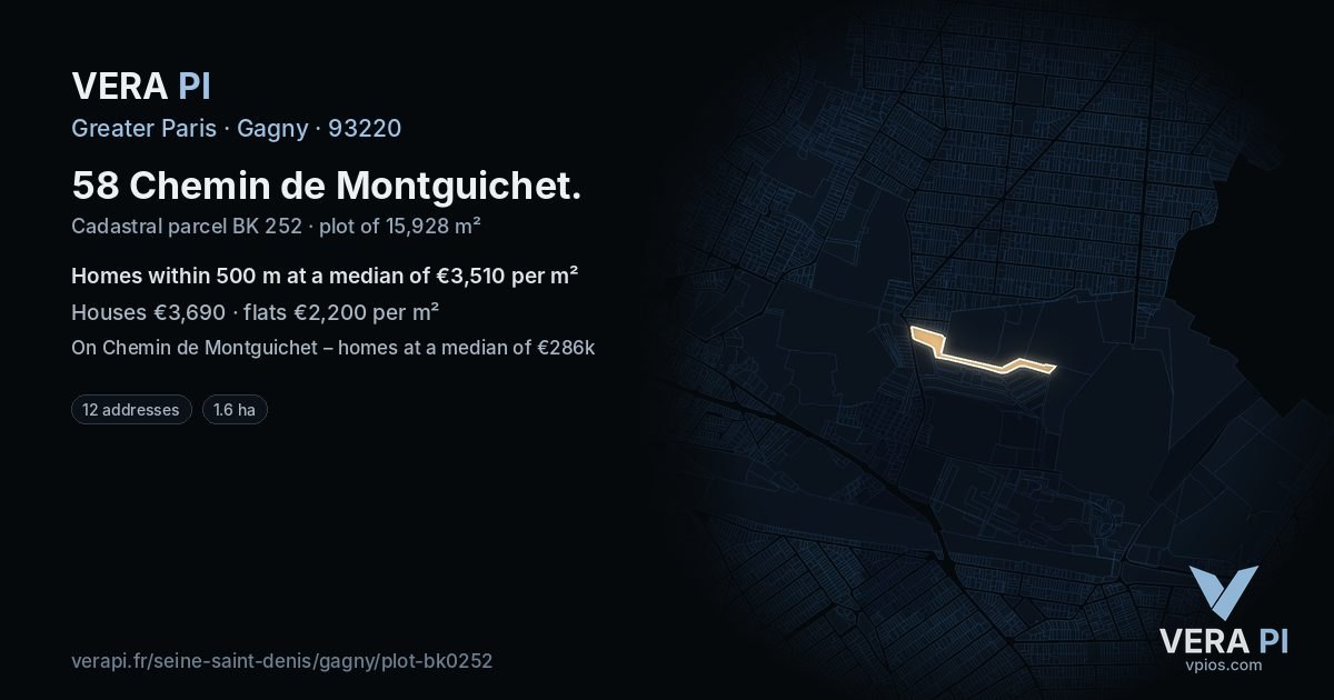58 Chemin de Montguichet, Gagny at night – the plot lit, the parcels around coloured by the prices near them