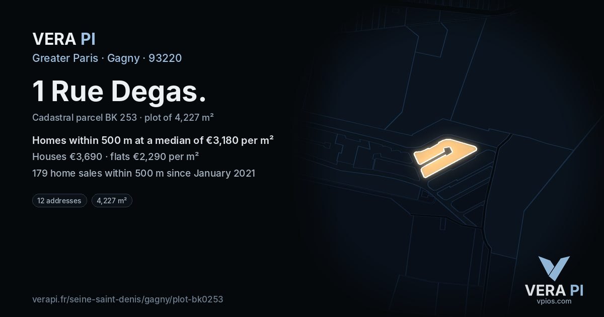1 Rue Degas, Gagny at night – the plot lit, the parcels around coloured by the prices near them
