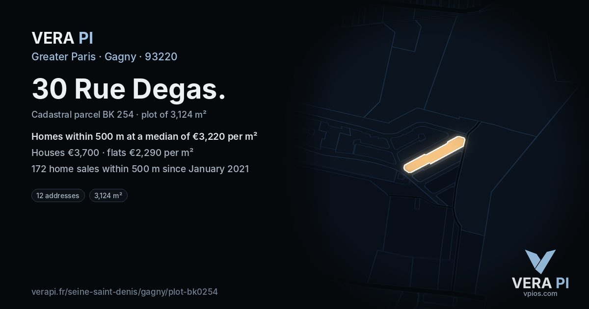 30 Rue Degas, Gagny at night – the plot lit, the parcels around coloured by the prices near them