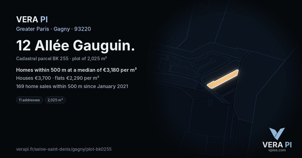 12 Allée Gauguin, Gagny at night – the plot lit, the parcels around coloured by the prices near them