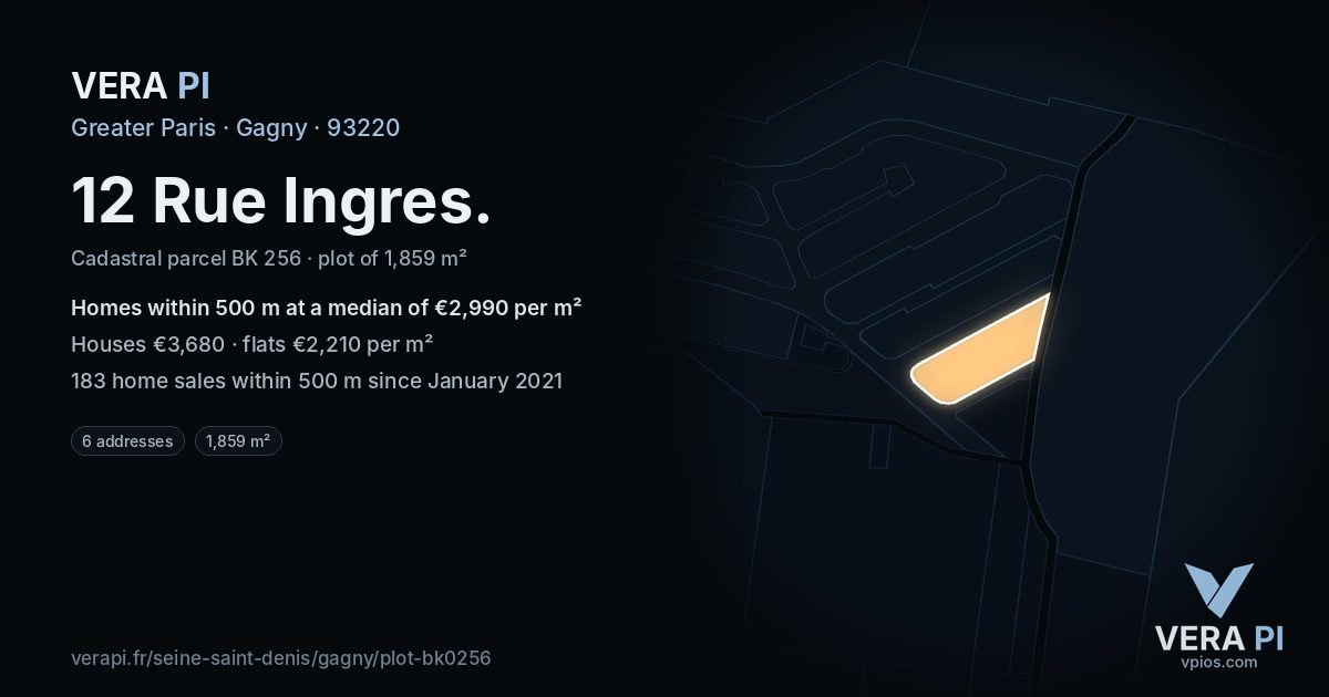 12 Rue Ingres, Gagny at night – the plot lit, the parcels around coloured by the prices near them