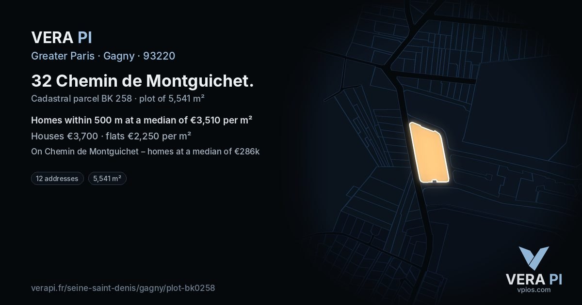 32 Chemin de Montguichet, Gagny at night – the plot lit, the parcels around coloured by the prices near them