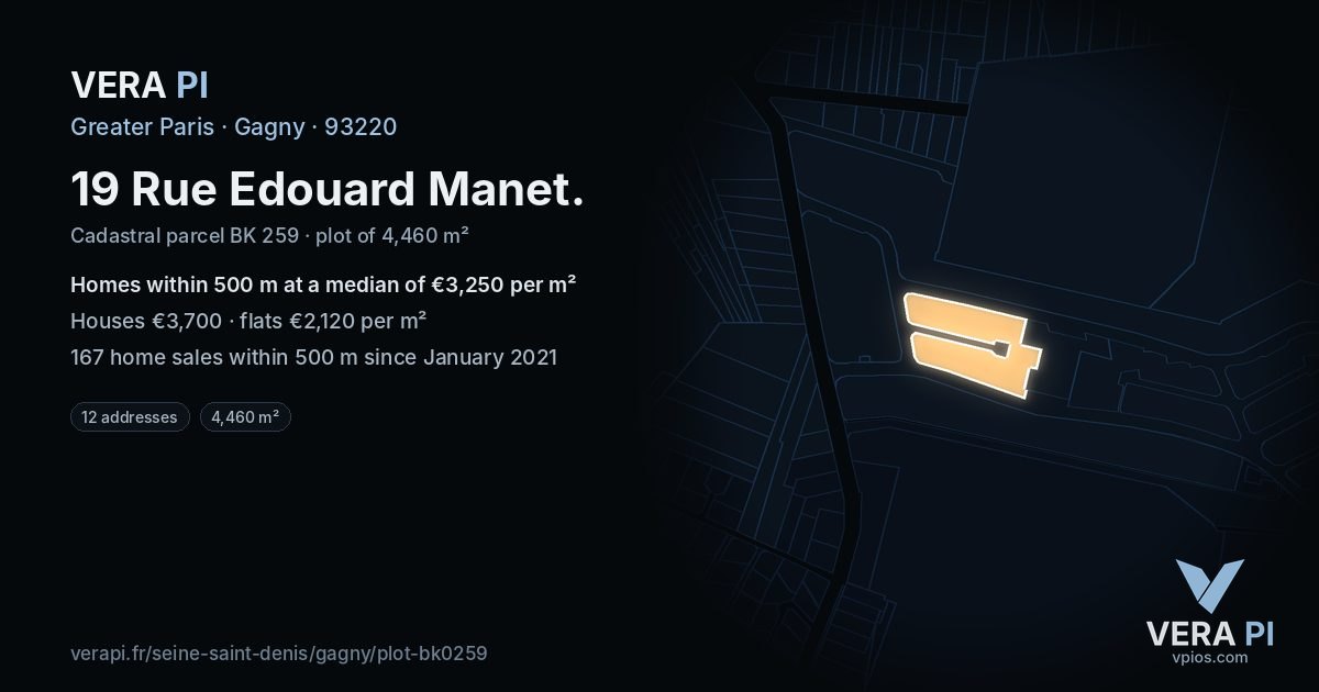 19 Rue Edouard Manet, Gagny at night – the plot lit, the parcels around coloured by the prices near them