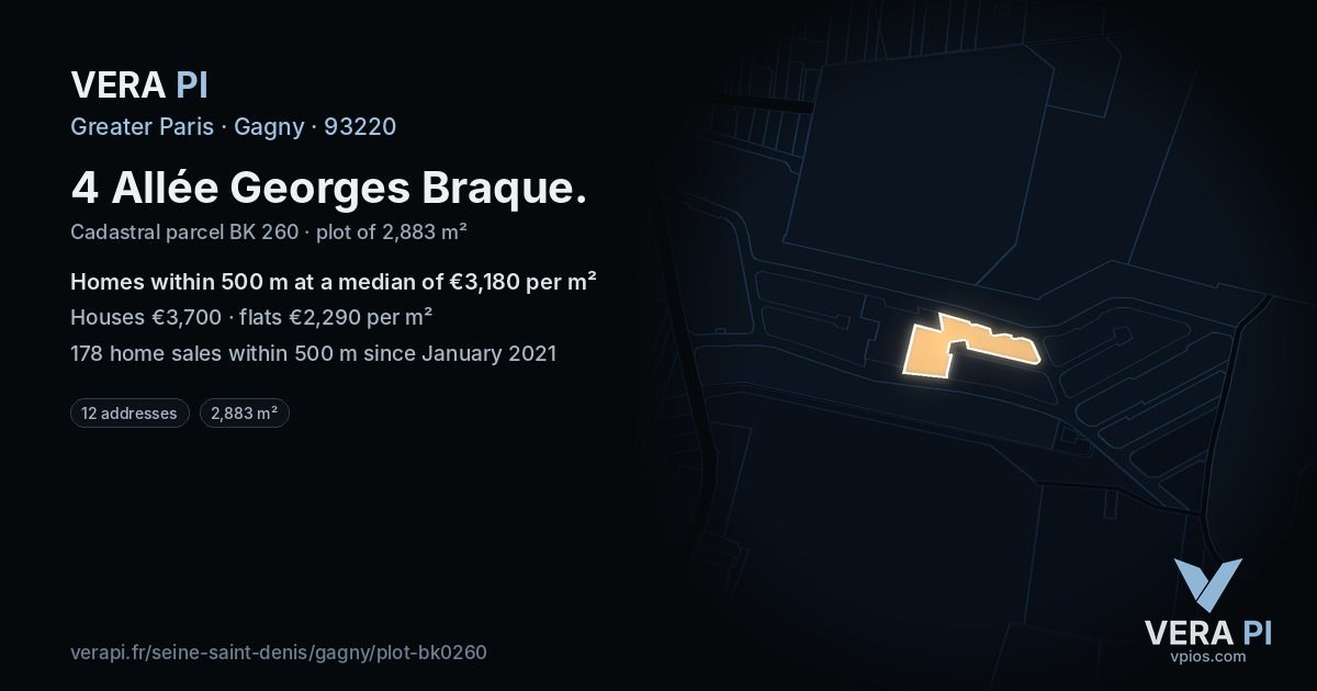4 Allée Georges Braque, Gagny at night – the plot lit, the parcels around coloured by the prices near them