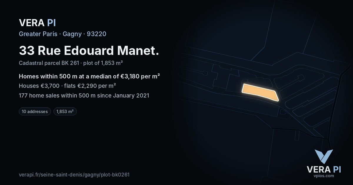 33 Rue Edouard Manet, Gagny at night – the plot lit, the parcels around coloured by the prices near them