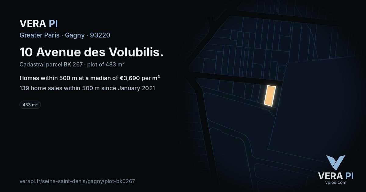 10 Avenue des Volubilis, Gagny at night – the plot lit, the parcels around coloured by the prices near them
