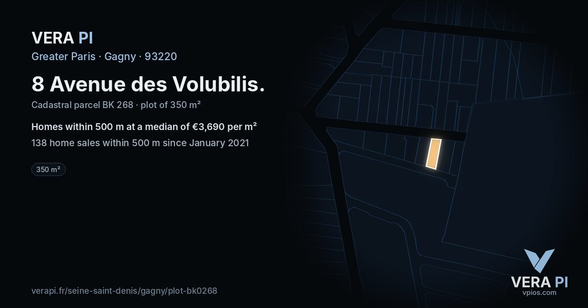 8 Avenue des Volubilis, Gagny at night – the plot lit, the parcels around coloured by the prices near them
