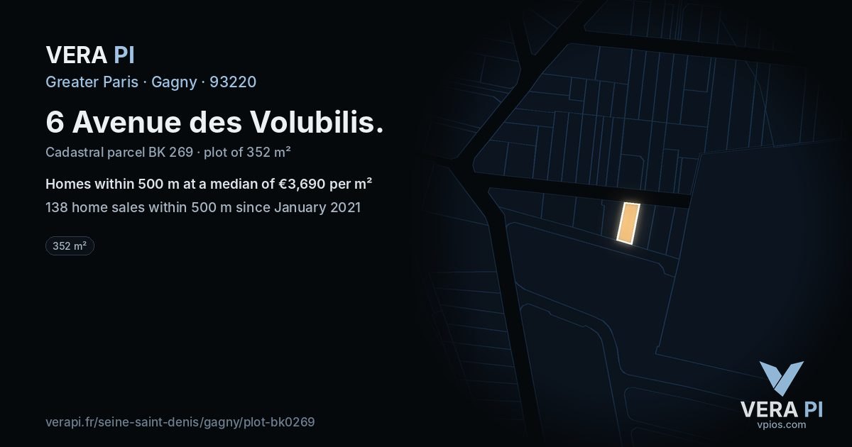 6 Avenue des Volubilis, Gagny at night – the plot lit, the parcels around coloured by the prices near them