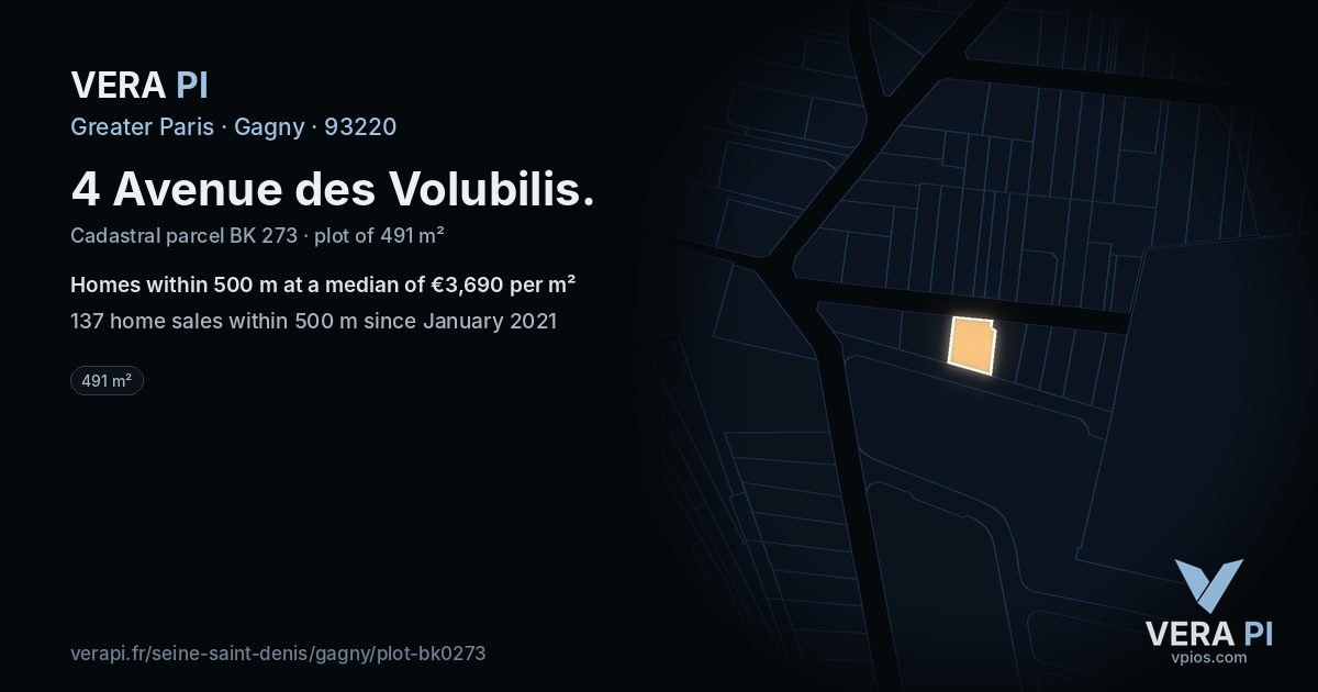4 Avenue des Volubilis, Gagny at night – the plot lit, the parcels around coloured by the prices near them