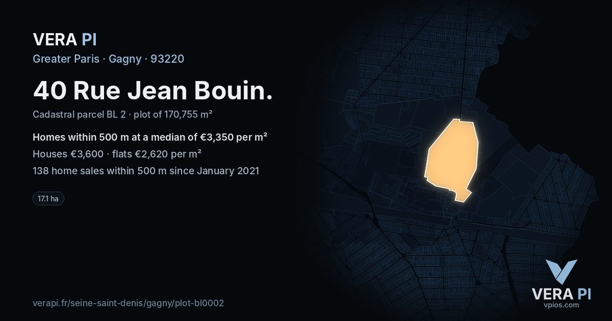 40 Rue Jean Bouin, Gagny at night – the plot lit, the parcels around coloured by the prices near them