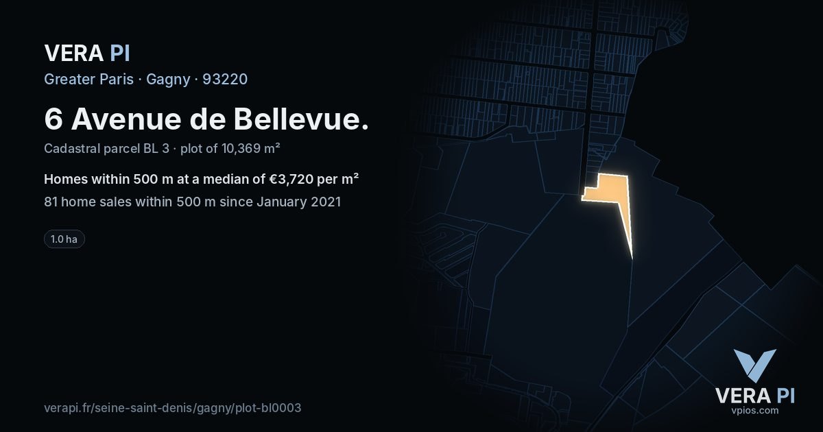 6 Avenue de Bellevue, Gagny at night – the plot lit, the parcels around coloured by the prices near them