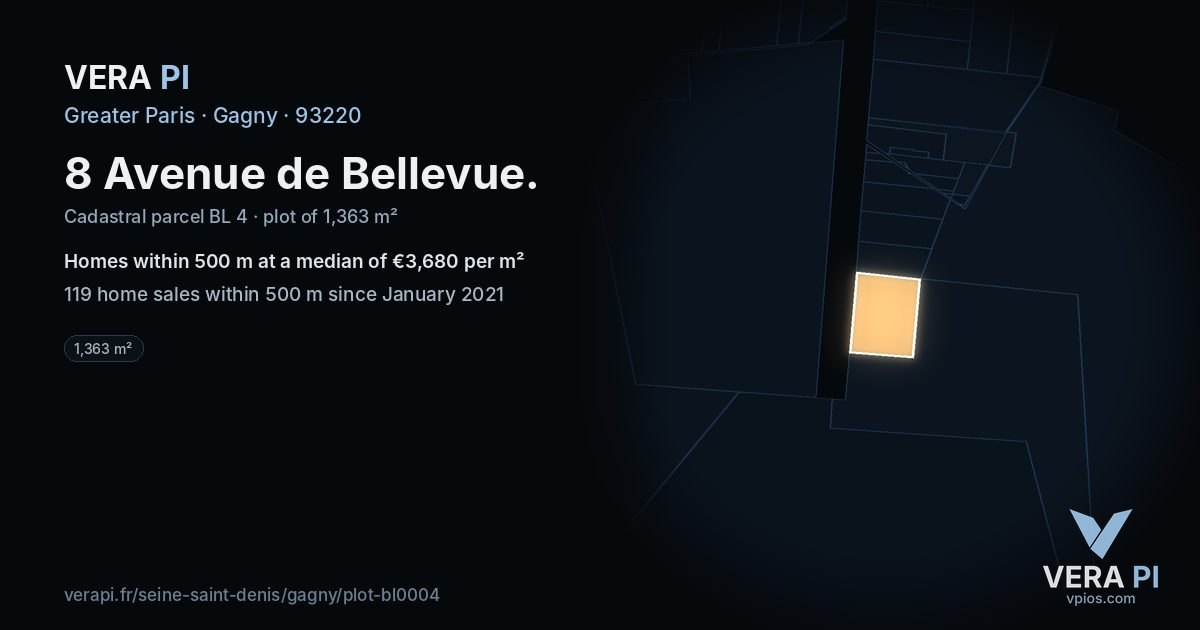 8 Avenue de Bellevue, Gagny at night – the plot lit, the parcels around coloured by the prices near them