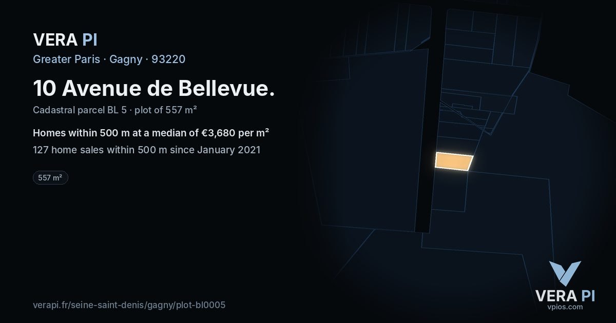 10 Avenue de Bellevue, Gagny at night – the plot lit, the parcels around coloured by the prices near them