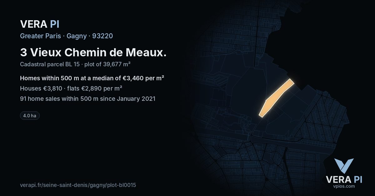 3 Vieux Chemin de Meaux, Gagny at night – the plot lit, the parcels around coloured by the prices near them