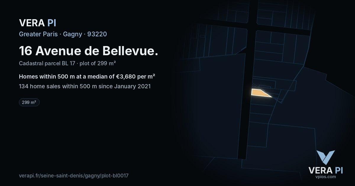16 Avenue de Bellevue, Gagny at night – the plot lit, the parcels around coloured by the prices near them