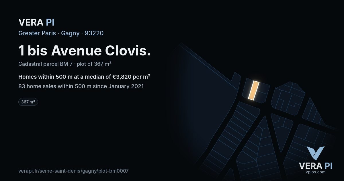 1 bis Avenue Clovis, Gagny at night – the plot lit, the parcels around coloured by the prices near them