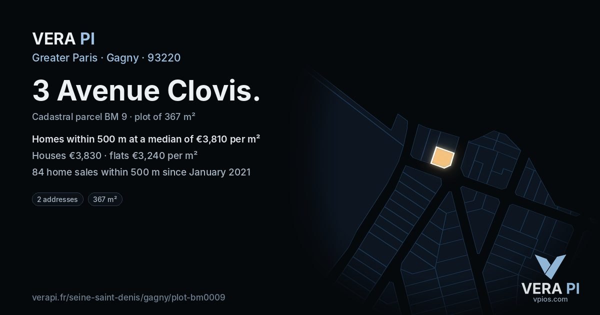 3 Avenue Clovis, Gagny at night – the plot lit, the parcels around coloured by the prices near them