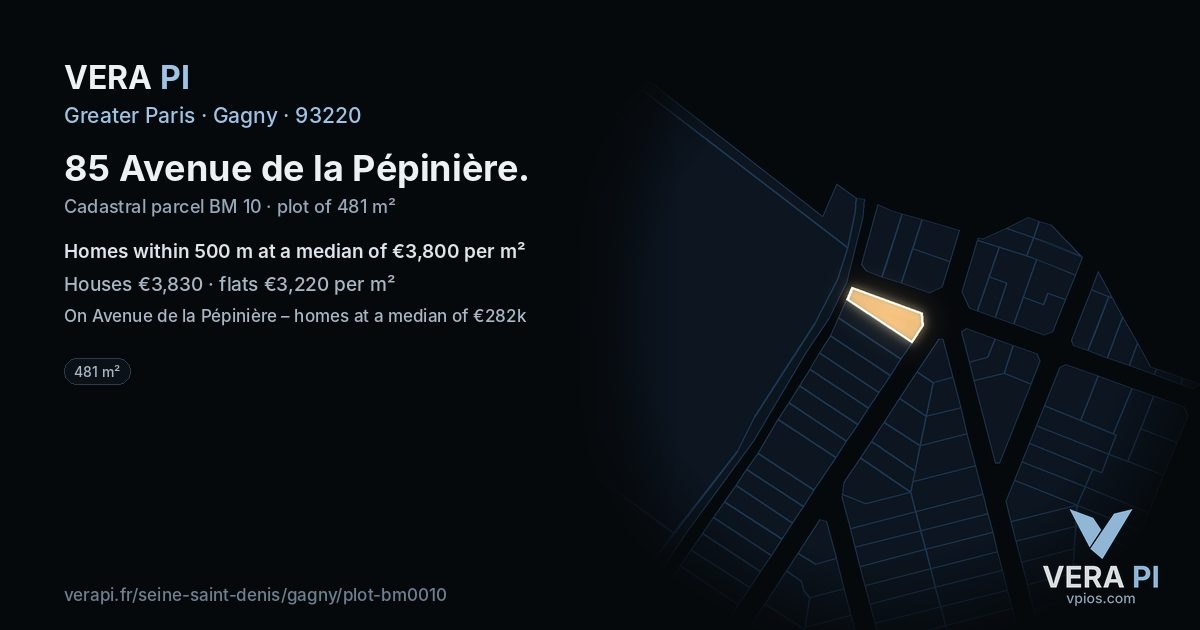 85 Avenue de la Pépinière, Gagny at night – the plot lit, the parcels around coloured by the prices near them