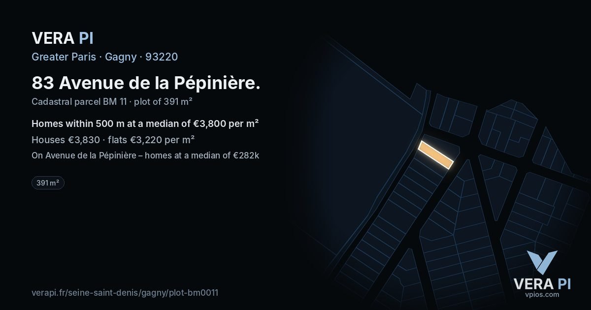 83 Avenue de la Pépinière, Gagny at night – the plot lit, the parcels around coloured by the prices near them