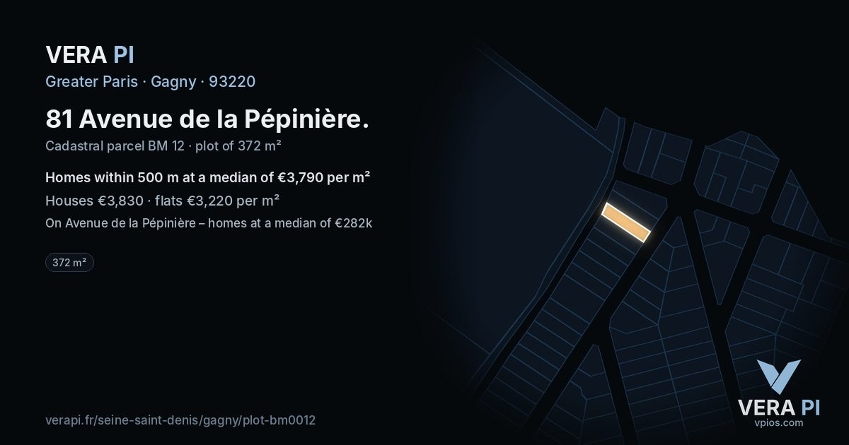 81 Avenue de la Pépinière, Gagny at night – the plot lit, the parcels around coloured by the prices near them