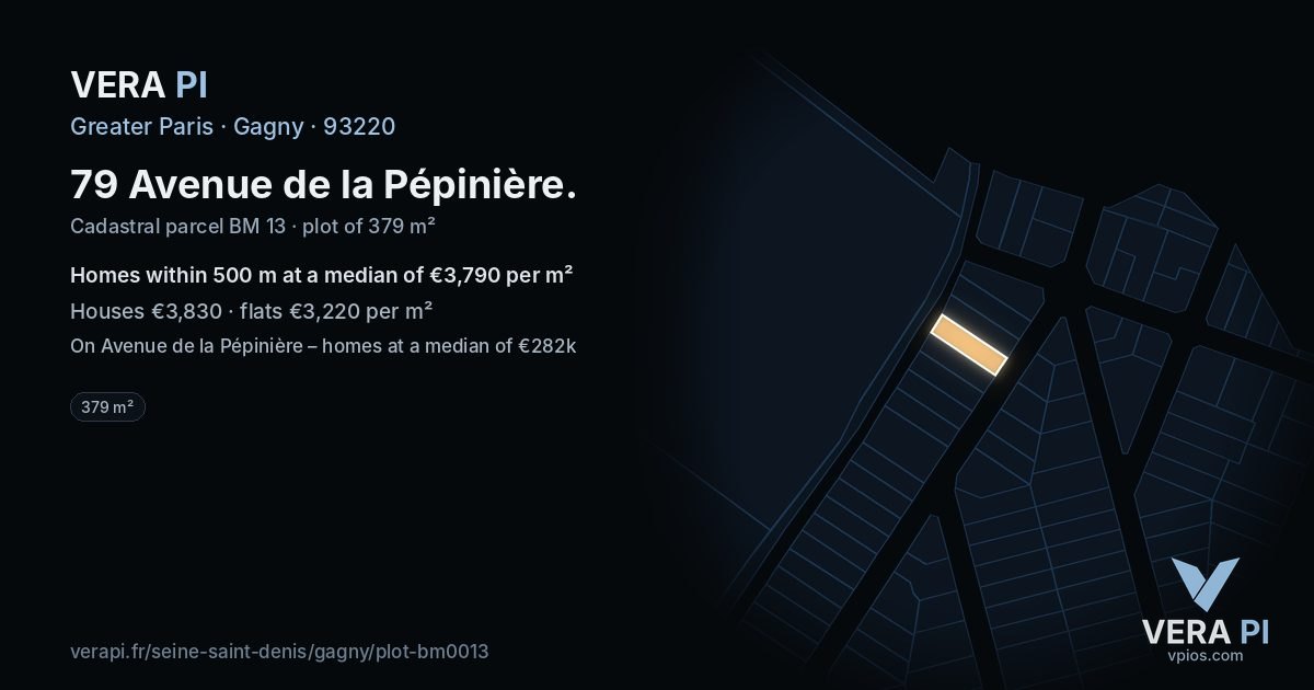 79 Avenue de la Pépinière, Gagny at night – the plot lit, the parcels around coloured by the prices near them