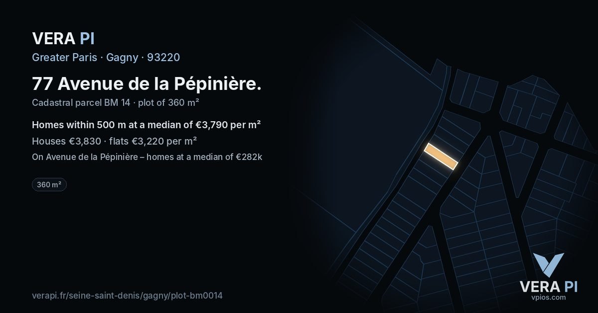 77 Avenue de la Pépinière, Gagny at night – the plot lit, the parcels around coloured by the prices near them