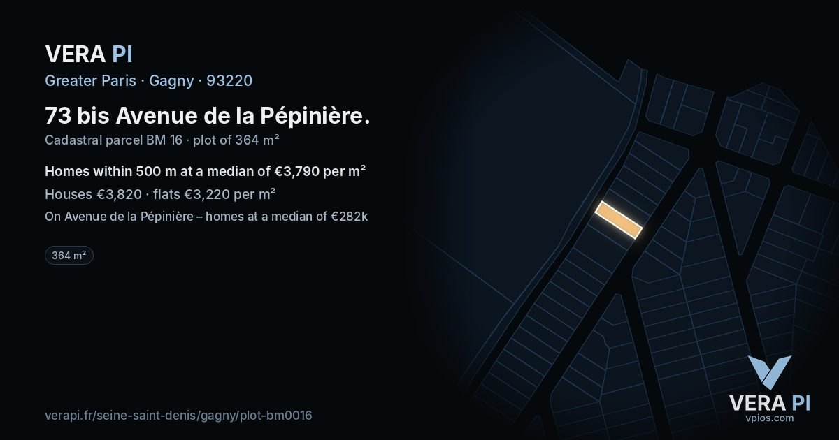 73 bis Avenue de la Pépinière, Gagny at night – the plot lit, the parcels around coloured by the prices near them