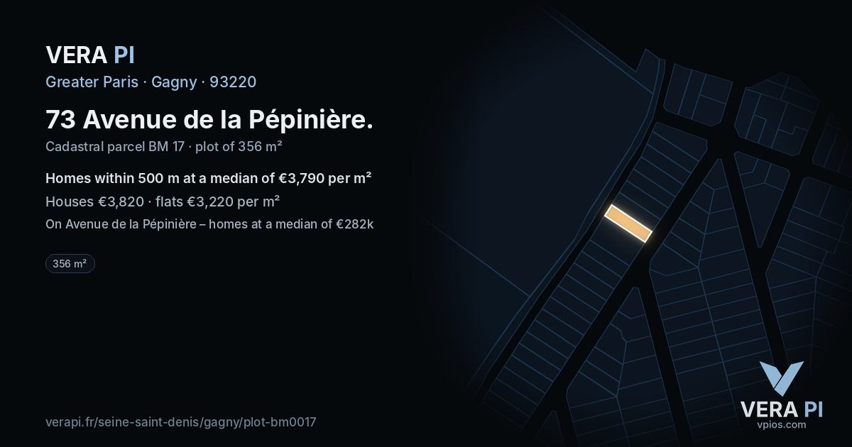 73 Avenue de la Pépinière, Gagny at night – the plot lit, the parcels around coloured by the prices near them
