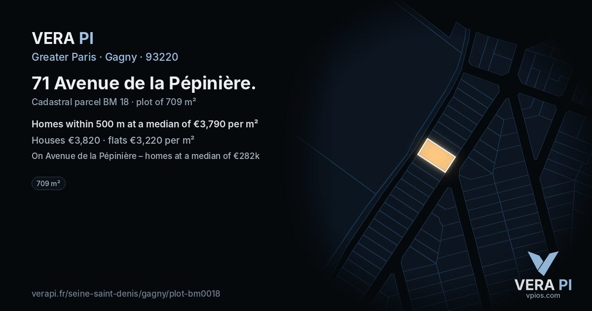 71 Avenue de la Pépinière, Gagny at night – the plot lit, the parcels around coloured by the prices near them