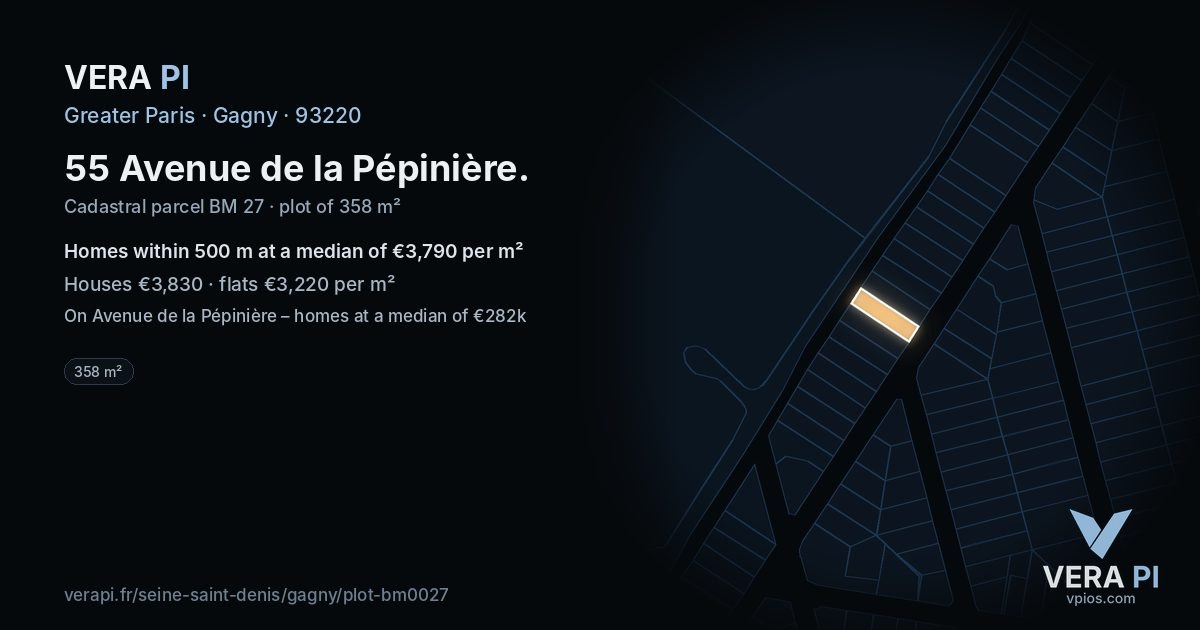 55 Avenue de la Pépinière, Gagny at night – the plot lit, the parcels around coloured by the prices near them