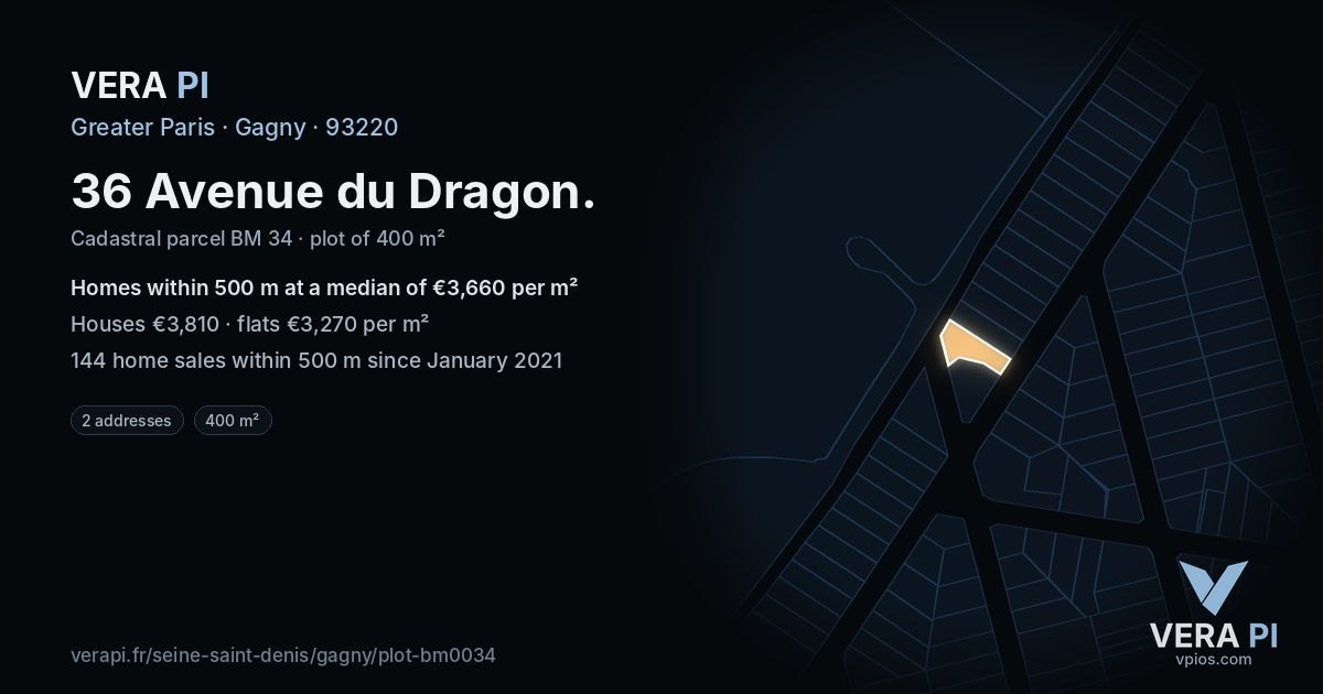 36 Avenue du Dragon, Gagny at night – the plot lit, the parcels around coloured by the prices near them