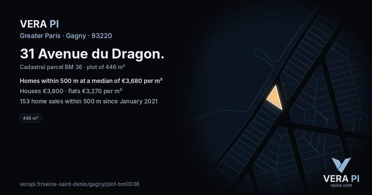 31 Avenue du Dragon, Gagny at night – the plot lit, the parcels around coloured by the prices near them