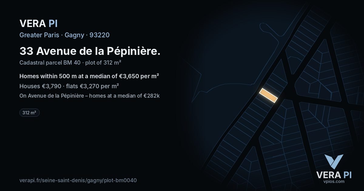 33 Avenue de la Pépinière, Gagny at night – the plot lit, the parcels around coloured by the prices near them