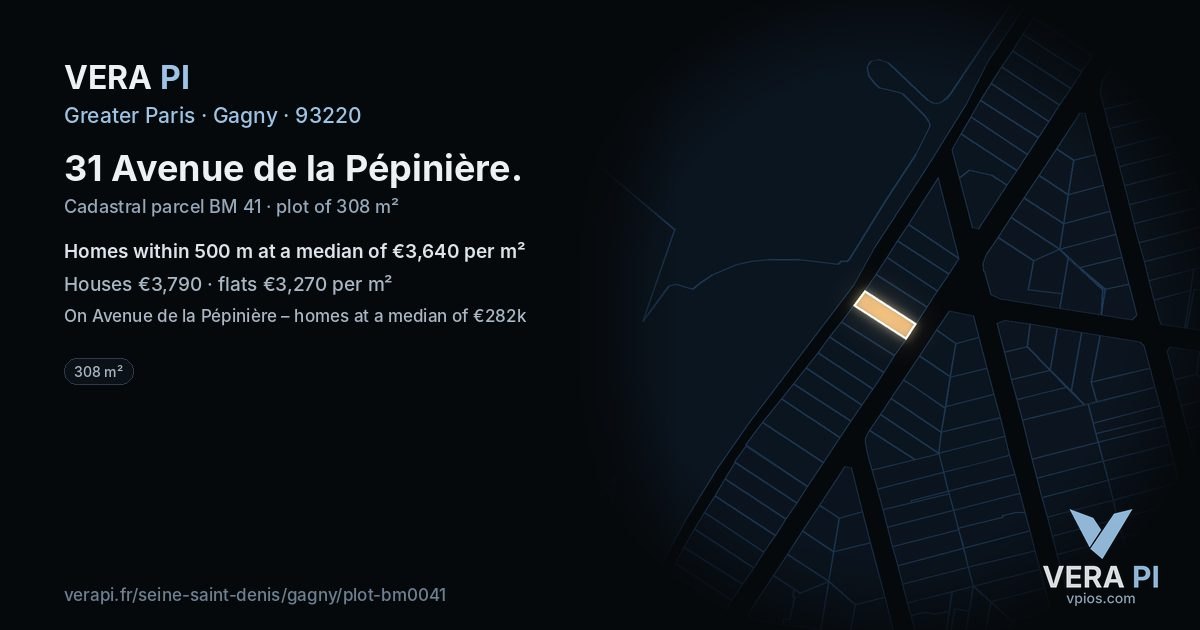 31 Avenue de la Pépinière, Gagny at night – the plot lit, the parcels around coloured by the prices near them