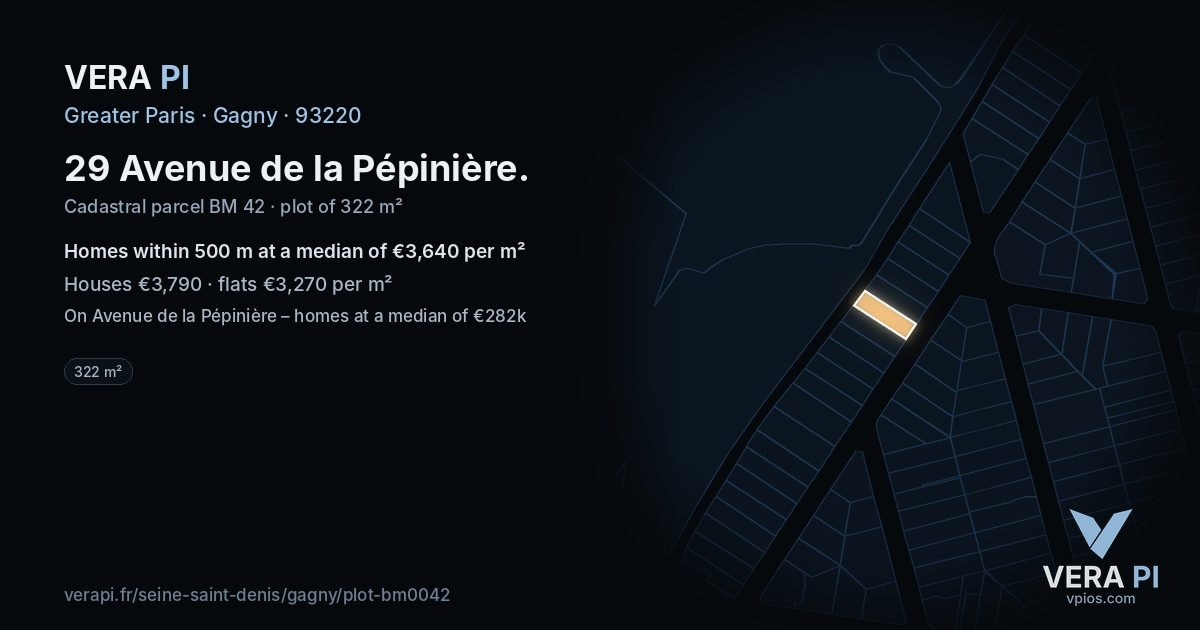 29 Avenue de la Pépinière, Gagny at night – the plot lit, the parcels around coloured by the prices near them