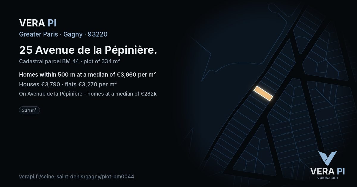 25 Avenue de la Pépinière, Gagny at night – the plot lit, the parcels around coloured by the prices near them