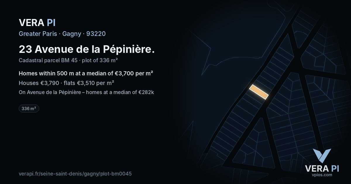 23 Avenue de la Pépinière, Gagny at night – the plot lit, the parcels around coloured by the prices near them