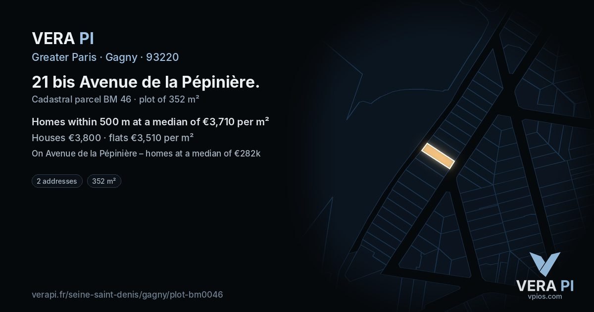 21 bis Avenue de la Pépinière, Gagny at night – the plot lit, the parcels around coloured by the prices near them