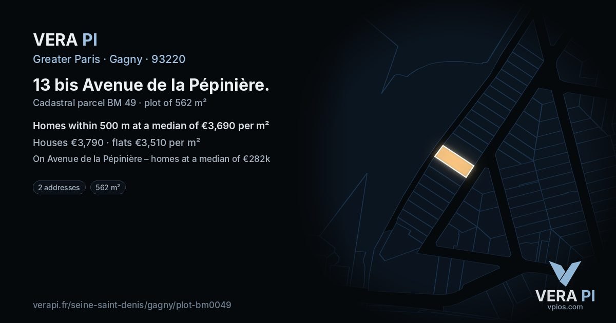 13 bis Avenue de la Pépinière, Gagny at night – the plot lit, the parcels around coloured by the prices near them