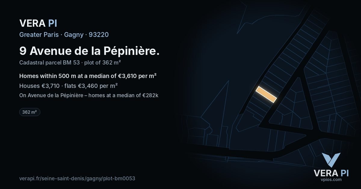 9 Avenue de la Pépinière, Gagny at night – the plot lit, the parcels around coloured by the prices near them