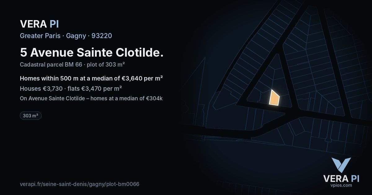 5 Avenue Sainte Clotilde, Gagny at night – the plot lit, the parcels around coloured by the prices near them