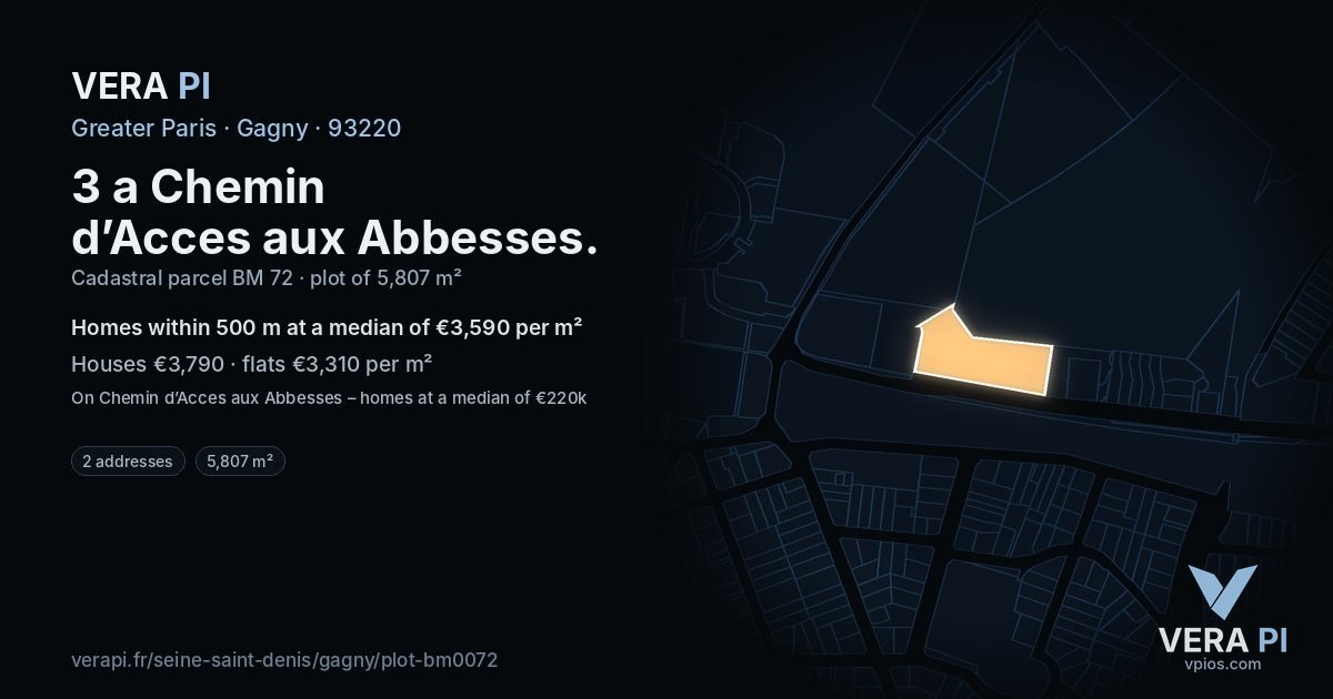 3 a Chemin d’Acces aux Abbesses, Gagny at night – the plot lit, the parcels around coloured by the prices near them